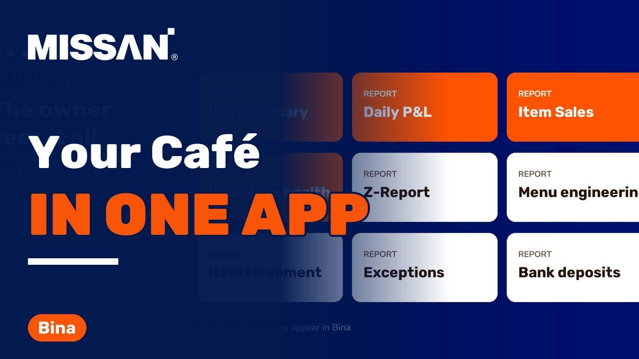 Frame from the Bina film: owner report tiles for Daily P&L, Item Sales, Z-Report, Menu engineering, Exceptions and Bank deposits