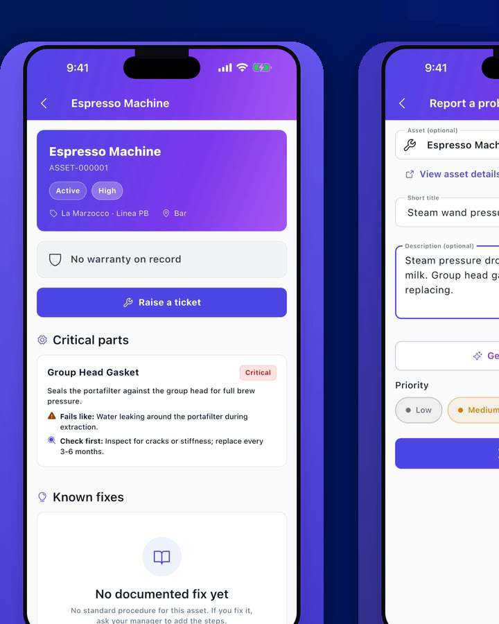 Frame from the Frontelio film: an espresso machine asset page on a phone, with Raise a ticket, critical parts and known fixes