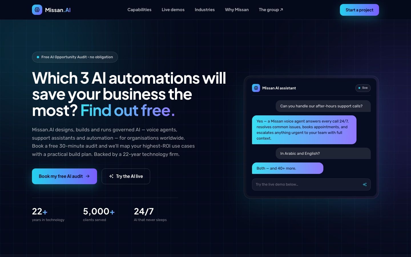 The missan.ai home page offering a free AI Opportunity Audit