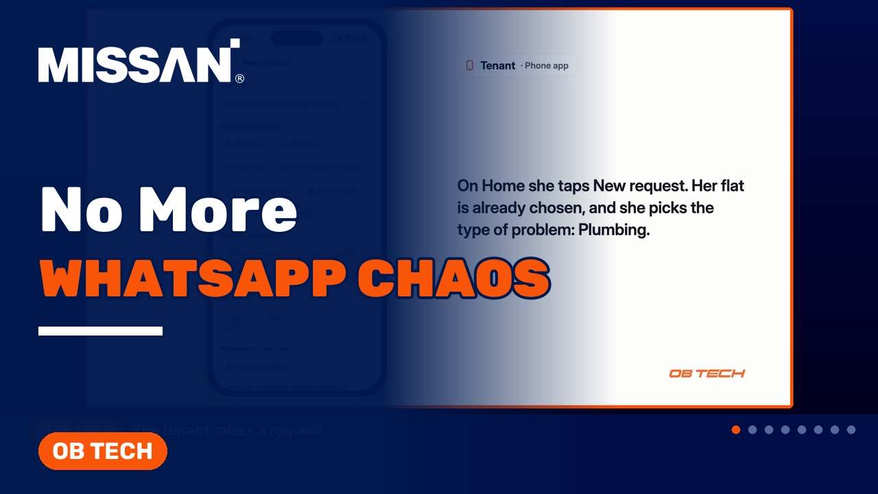 Frame from the OB TECH film: the tenant phone app step where the tenant taps New request and picks the type of problem, Plumbing